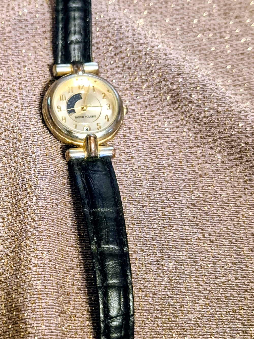 Faded Glory Gold-Tone Moonphase Watch with Black Strap